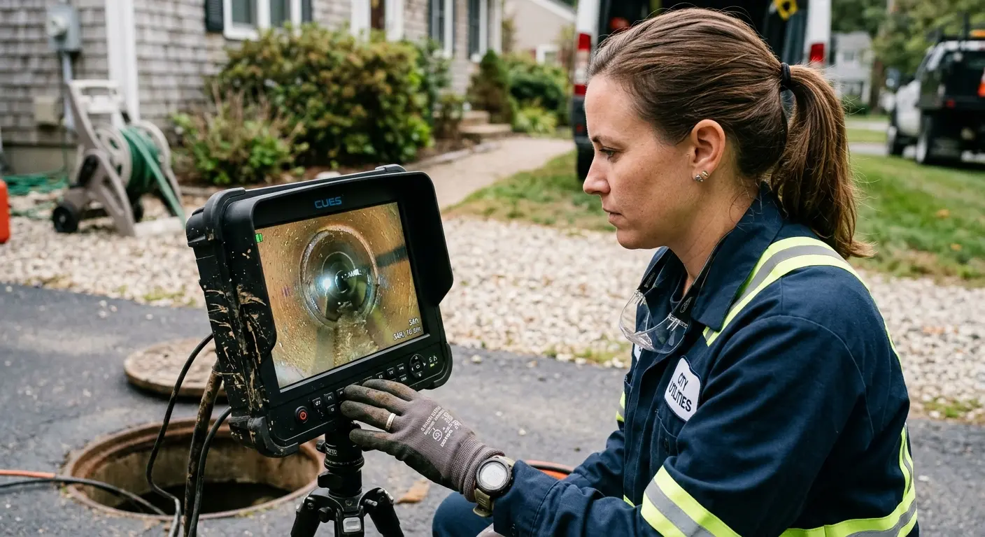 Technician reviewing sewer camera inspection footage in Waimalu