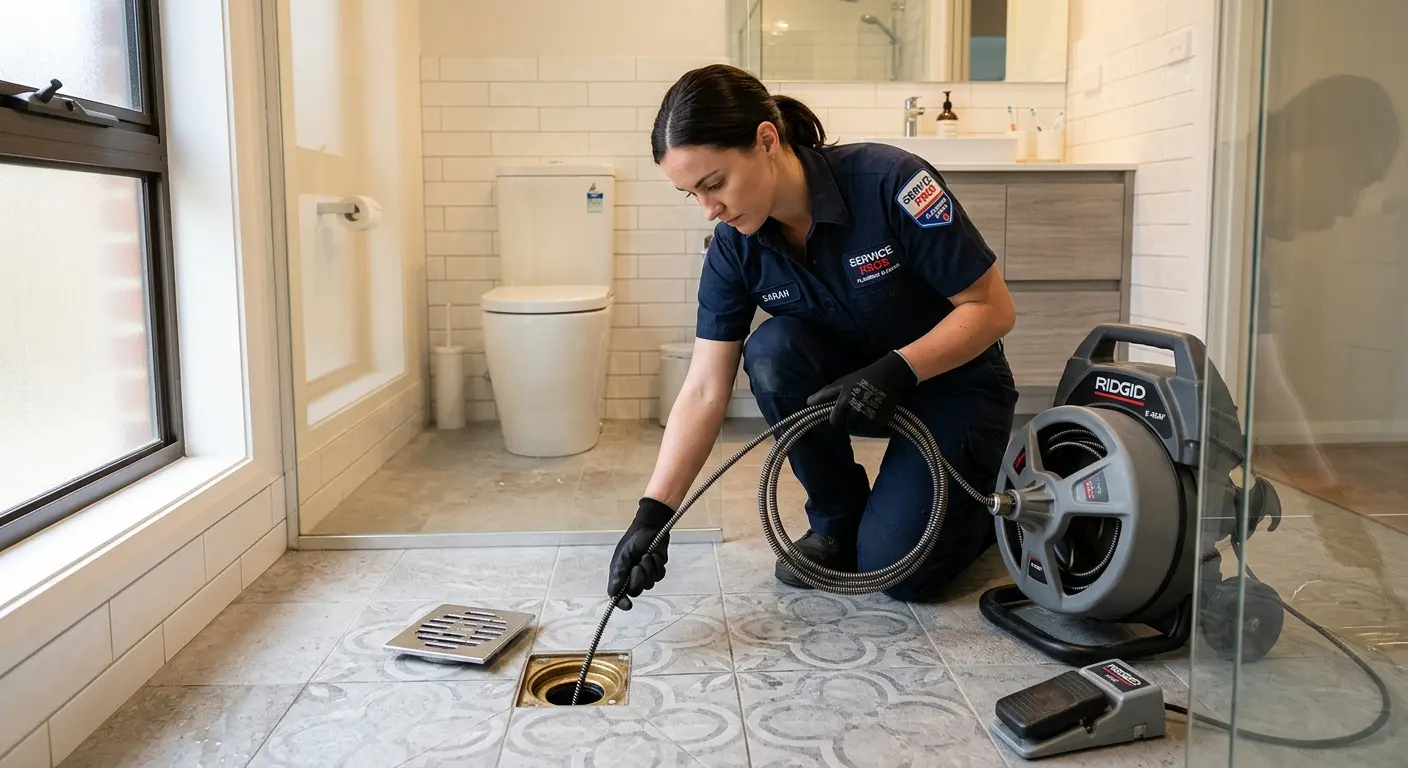 Technician clearing a bathroom floor drain for Drain Cleaning in Waimalu